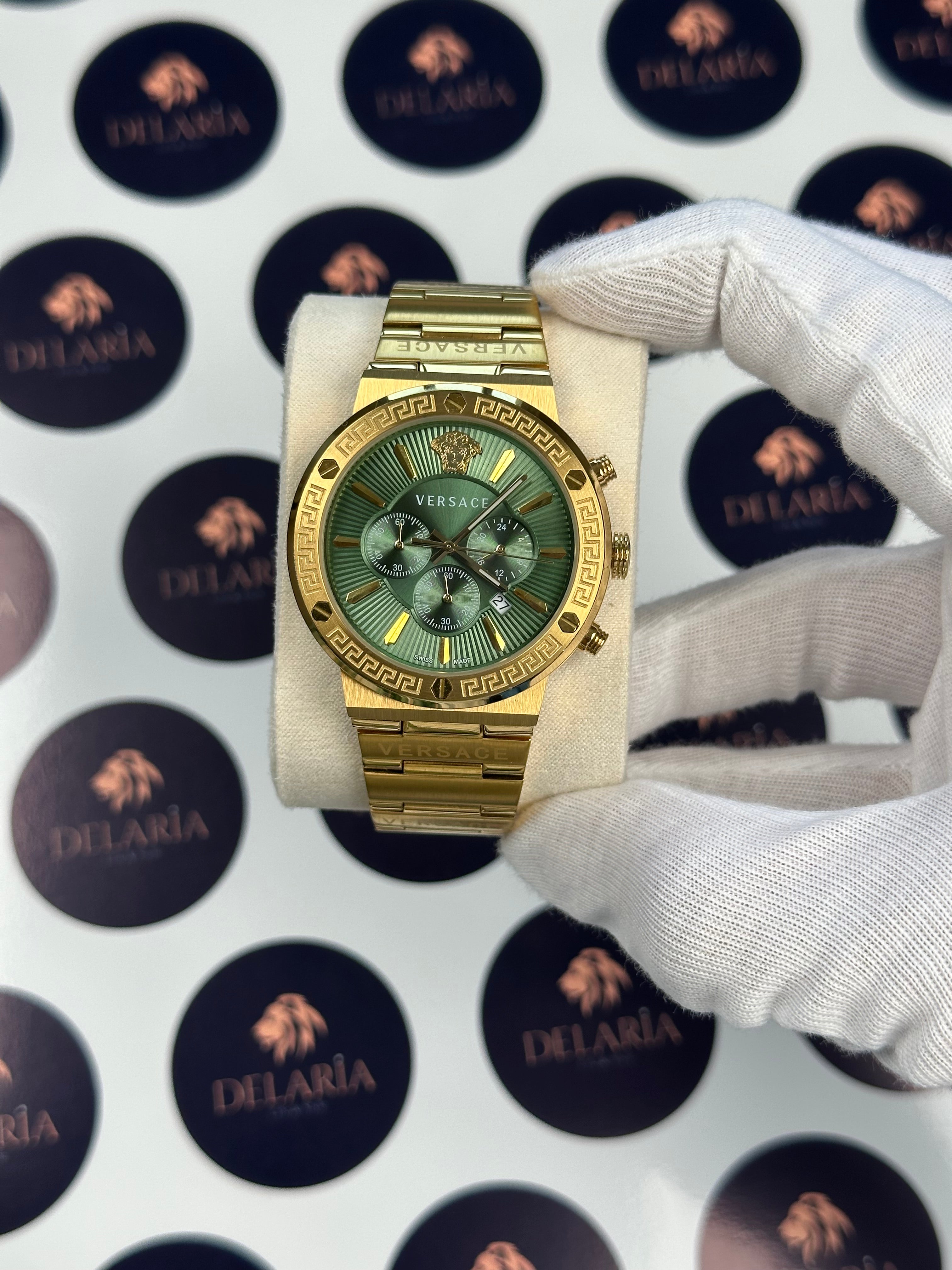 VERSACE 43 MM CHRONOGRAPH GREEN DIAL GOLD