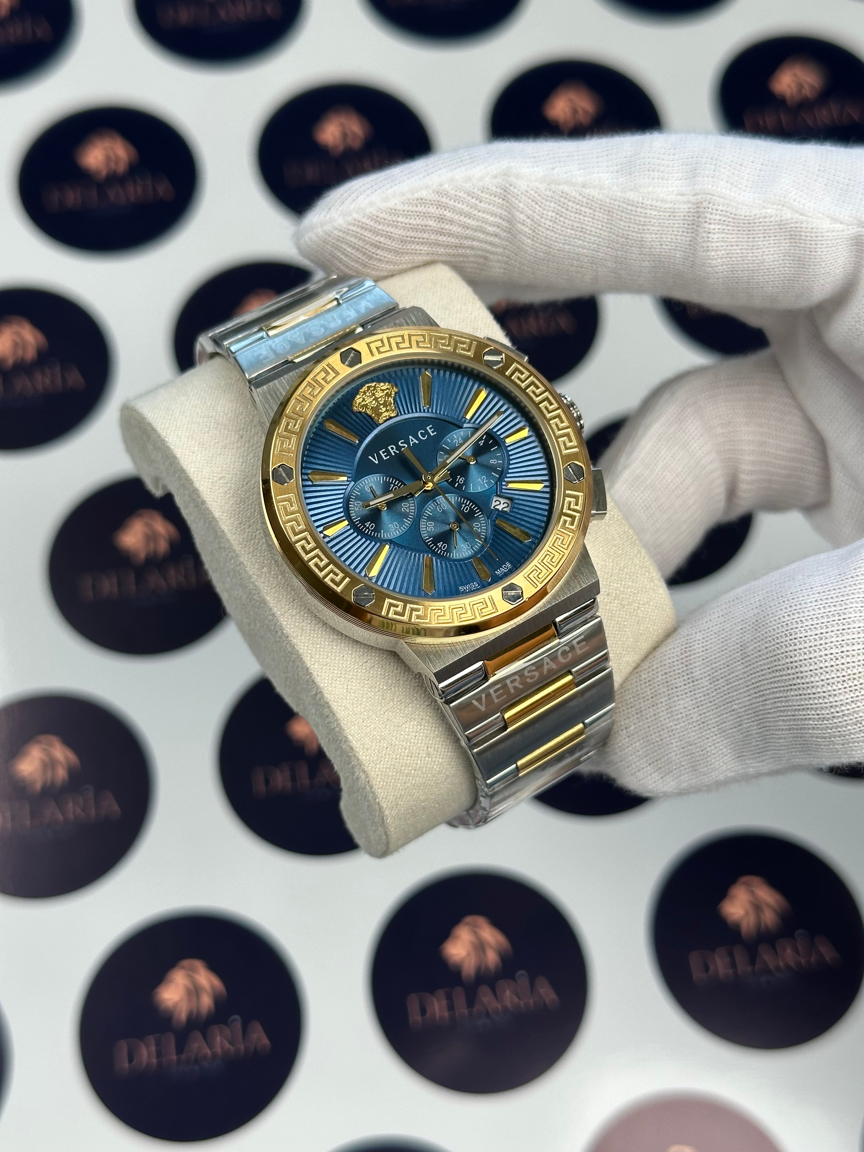 VERSACE 43 MM CHRONOGRAPH BLUE DIAL GOLD-SILVER