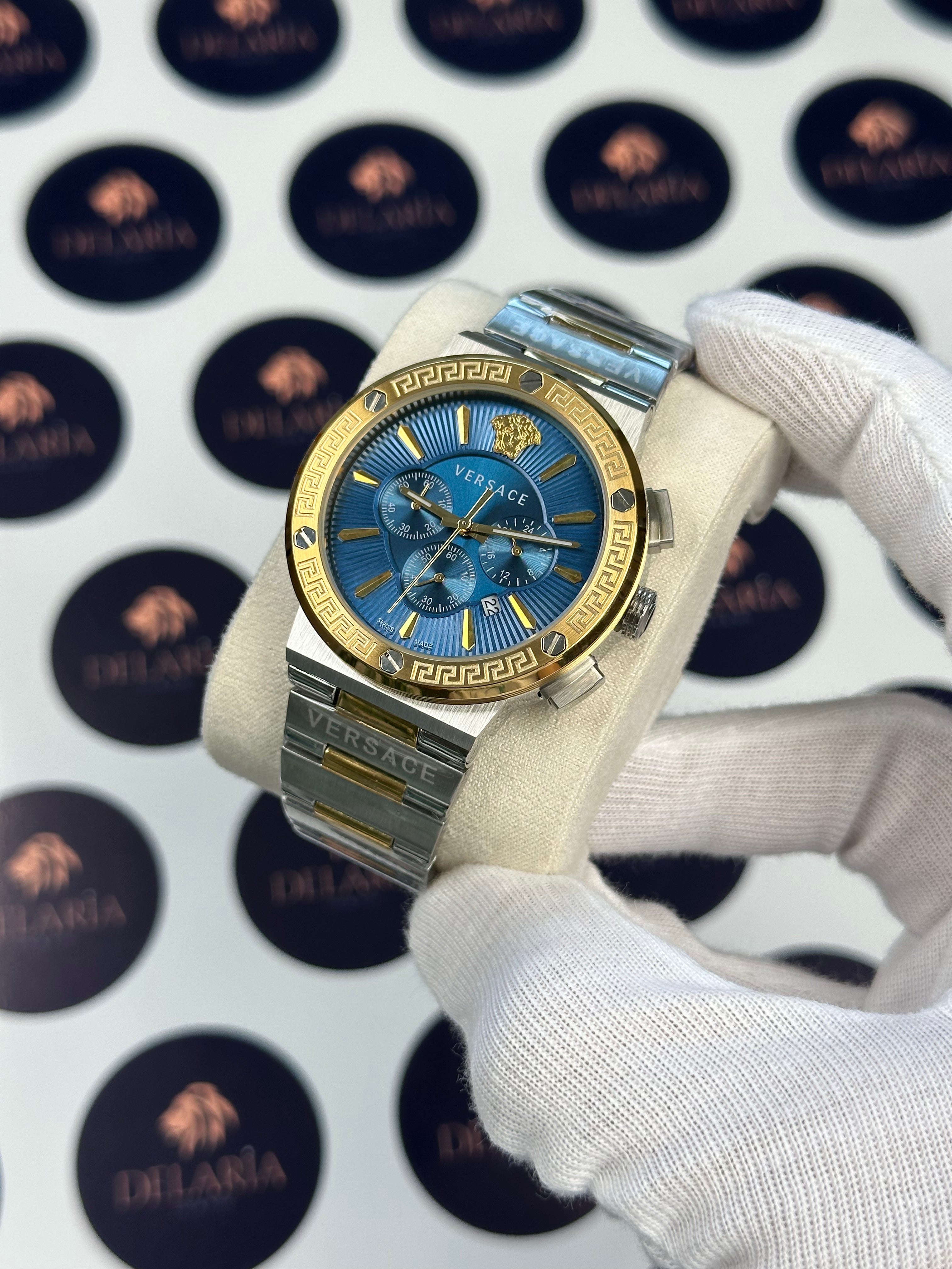 VERSACE 43 MM CHRONOGRAPH BLUE DIAL GOLD-SILVER