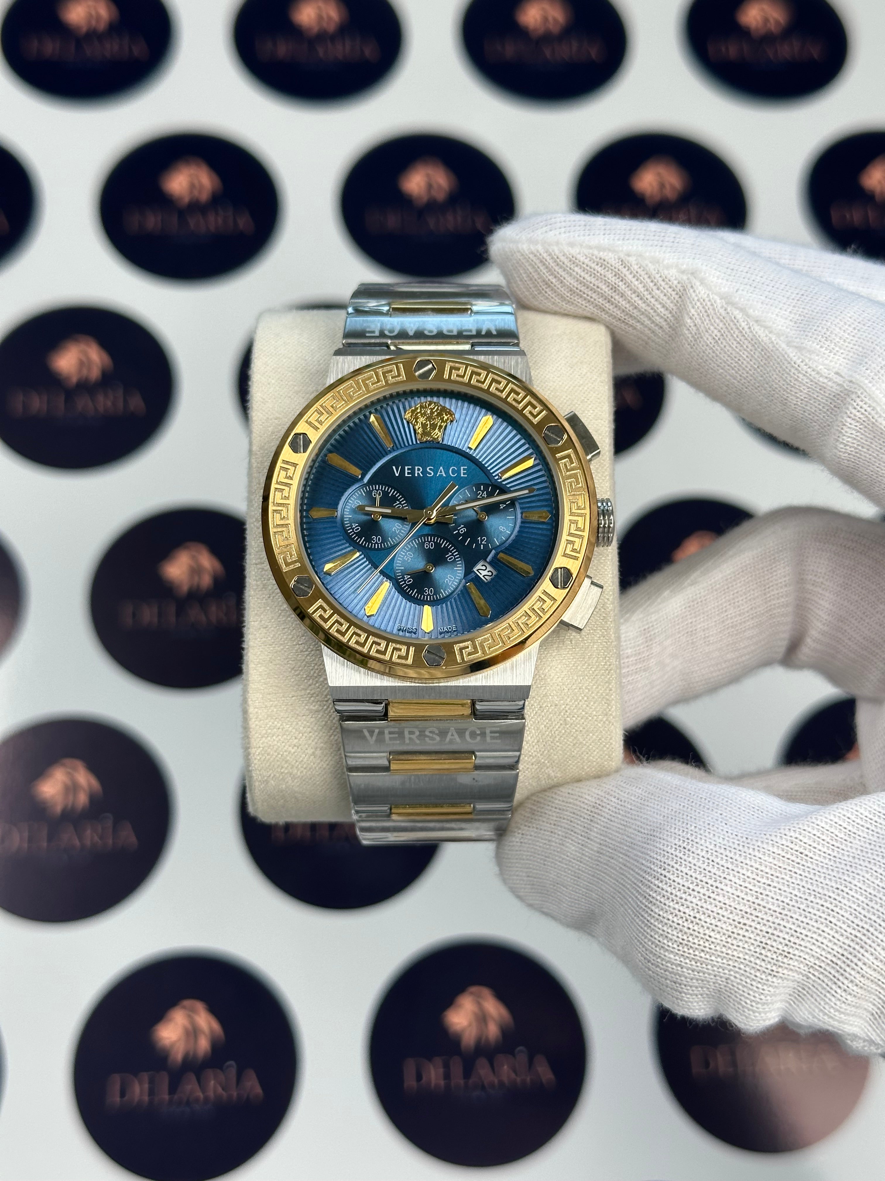 VERSACE 43 MM CHRONOGRAPH BLUE DIAL GOLD-SILVER