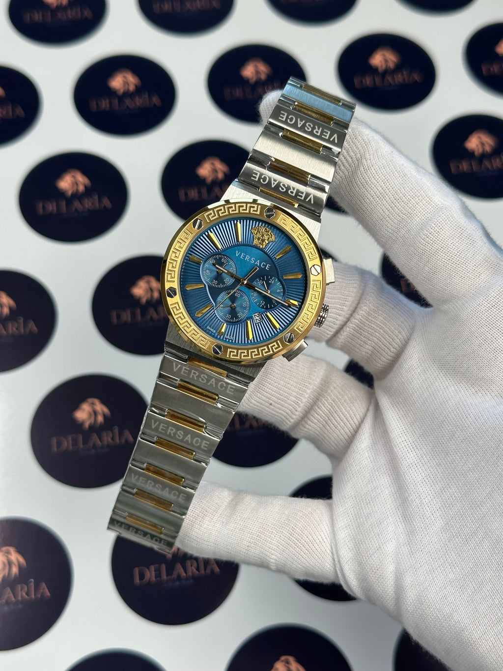 VERSACE 43 MM CHRONOGRAPH BLUE DIAL GOLD-SILVER
