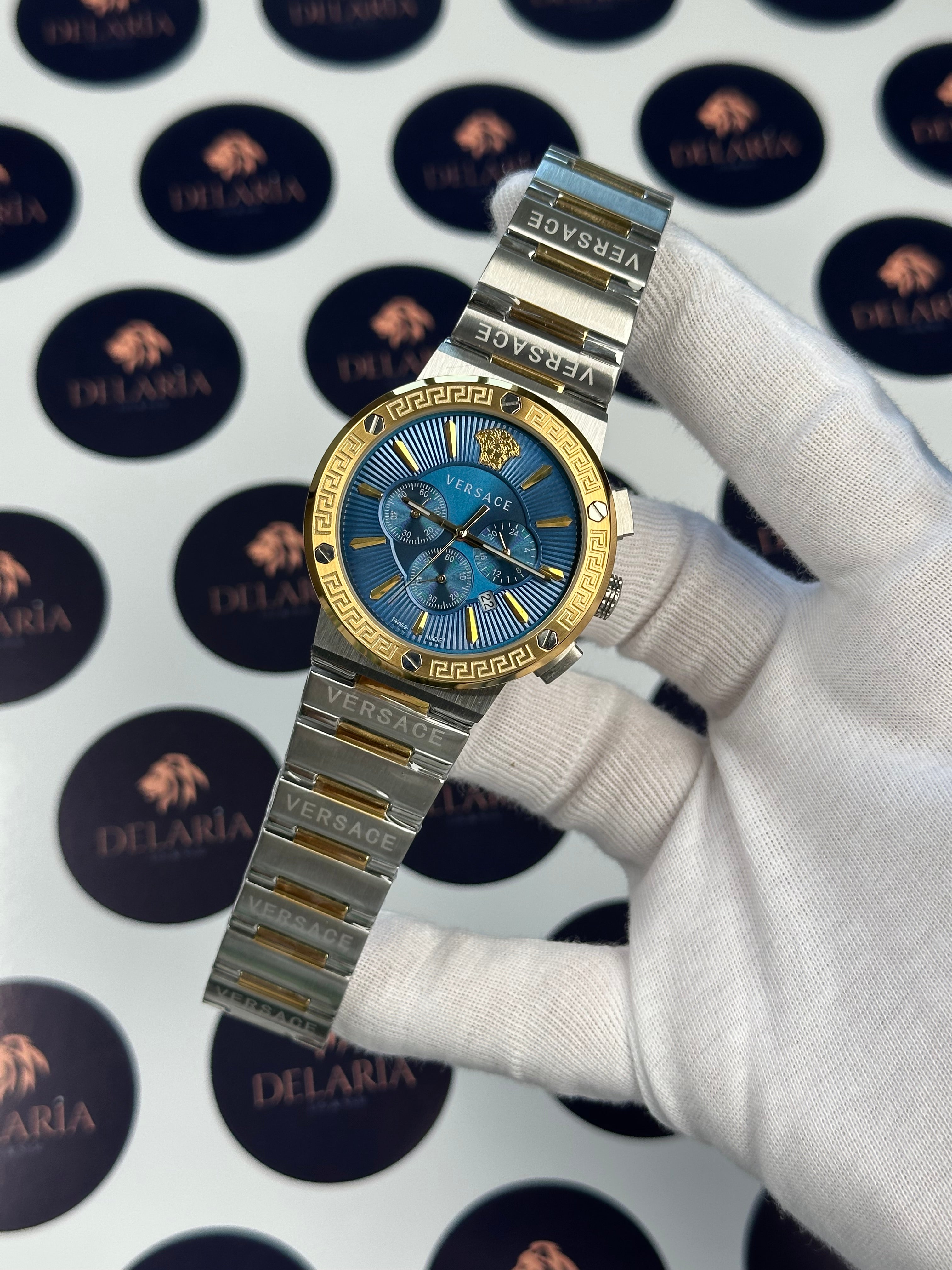 VERSACE 43 MM CHRONOGRAPH BLUE DIAL GOLD-SILVER