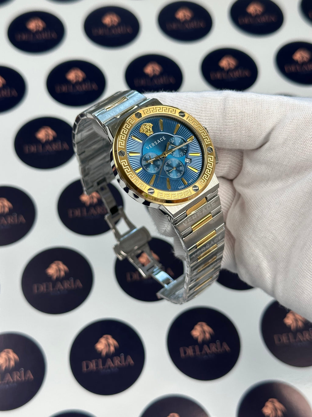 VERSACE 43 MM CHRONOGRAPH BLUE DIAL GOLD-SILVER