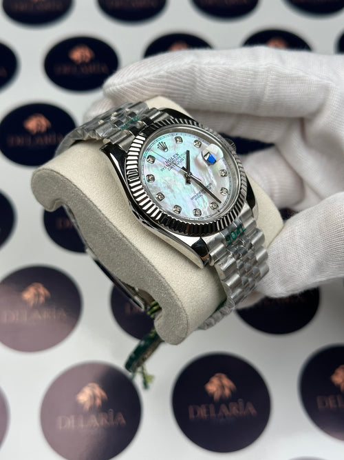 ROLEX DATEJUST 41 MM PEARL WHITE DIAL DIAMOND INDEX SILVER JUBILE