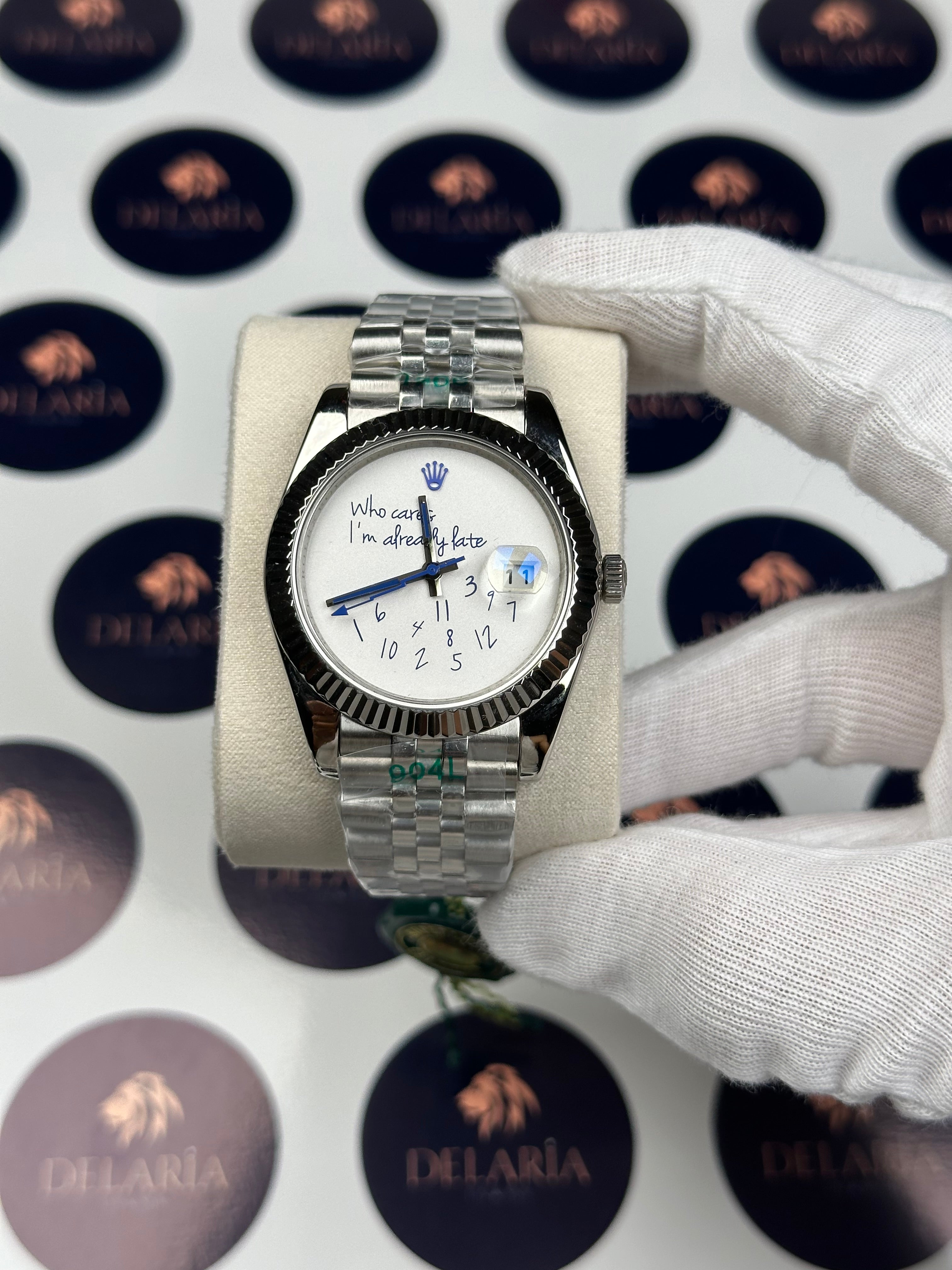ROLEX DATEJUST 41 MM WHITE DIAL BLUE WHO CARES I'M ALREADY LATE SILVER JUBILE