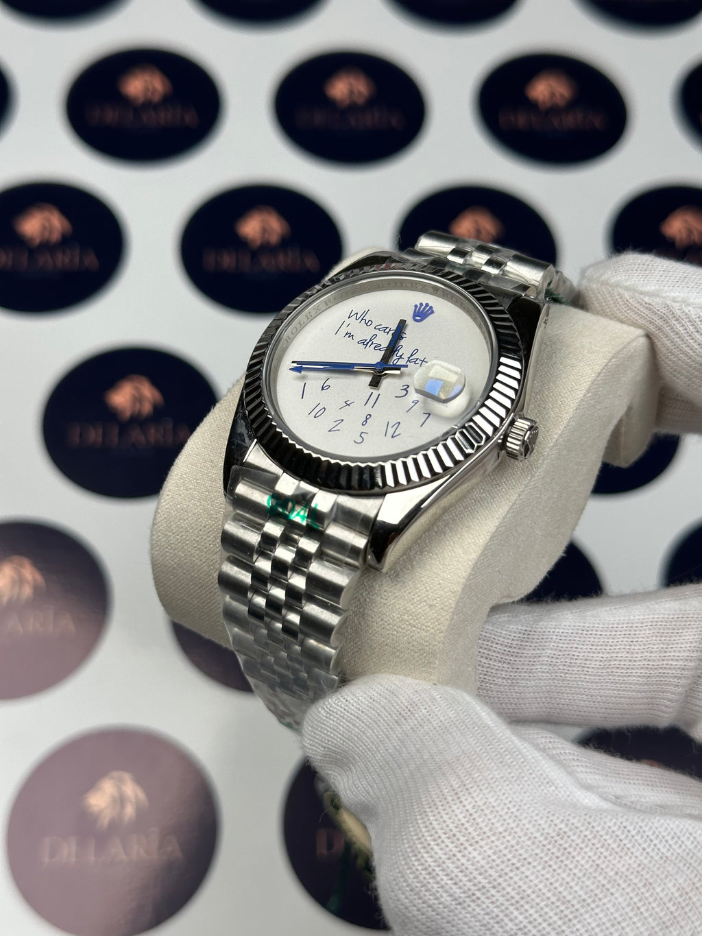 ROLEX DATEJUST 41 MM WHITE DIAL BLUE WHO CARES I'M ALREADY LATE SILVER JUBILE