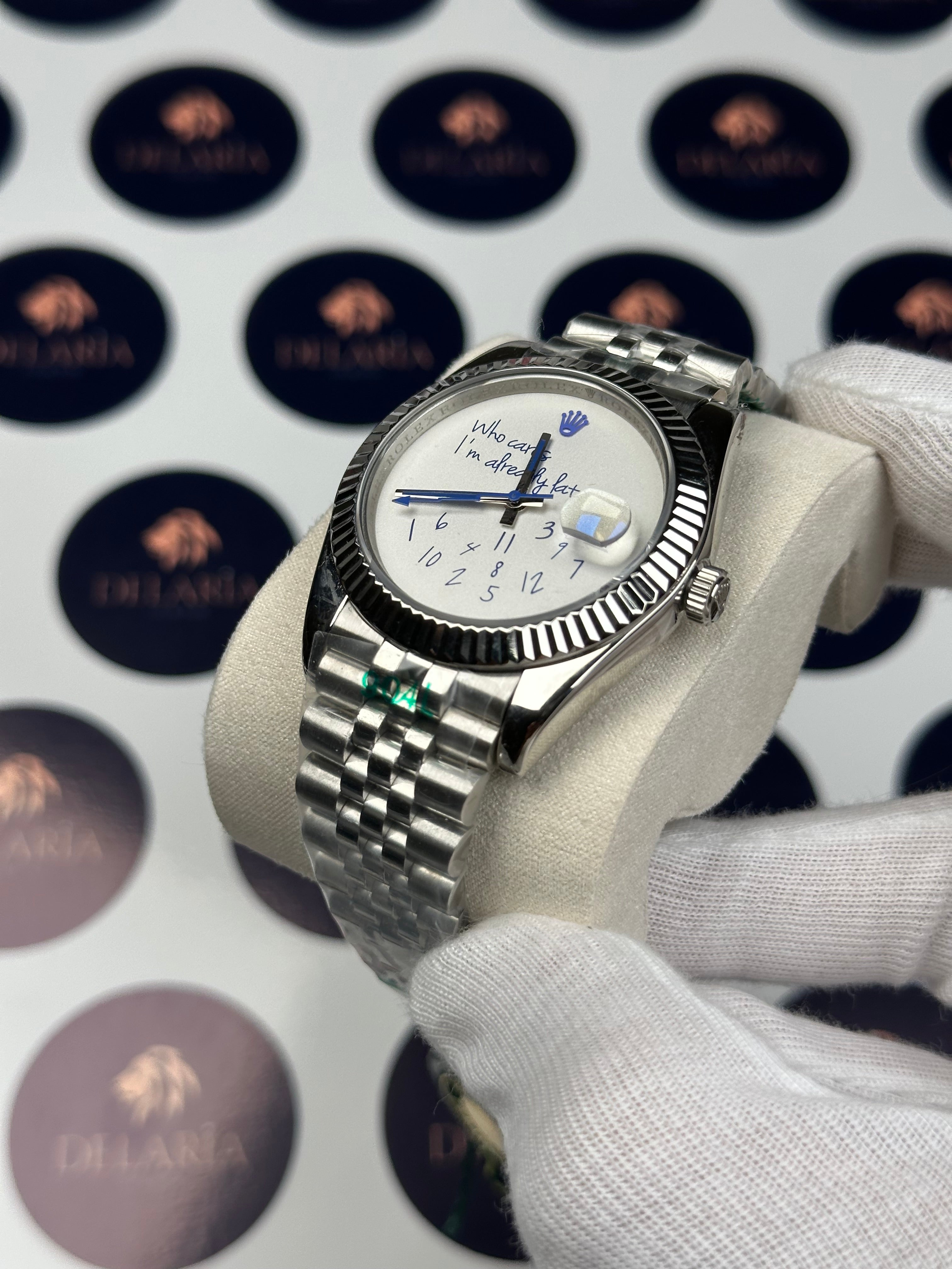 ROLEX DATEJUST 41 MM WHITE DIAL BLUE WHO CARES I'M ALREADY LATE SILVER JUBILE