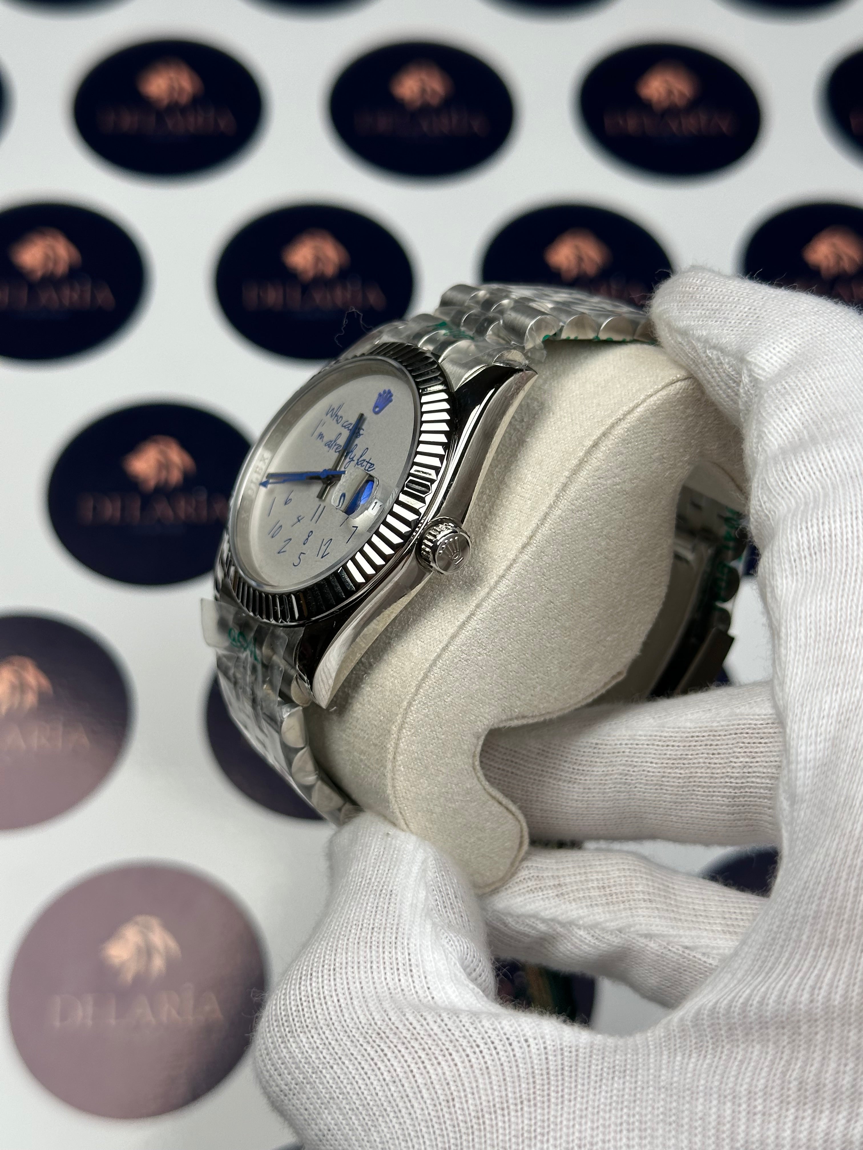 ROLEX DATEJUST 41 MM WHITE DIAL BLUE WHO CARES I'M ALREADY LATE SILVER JUBILE