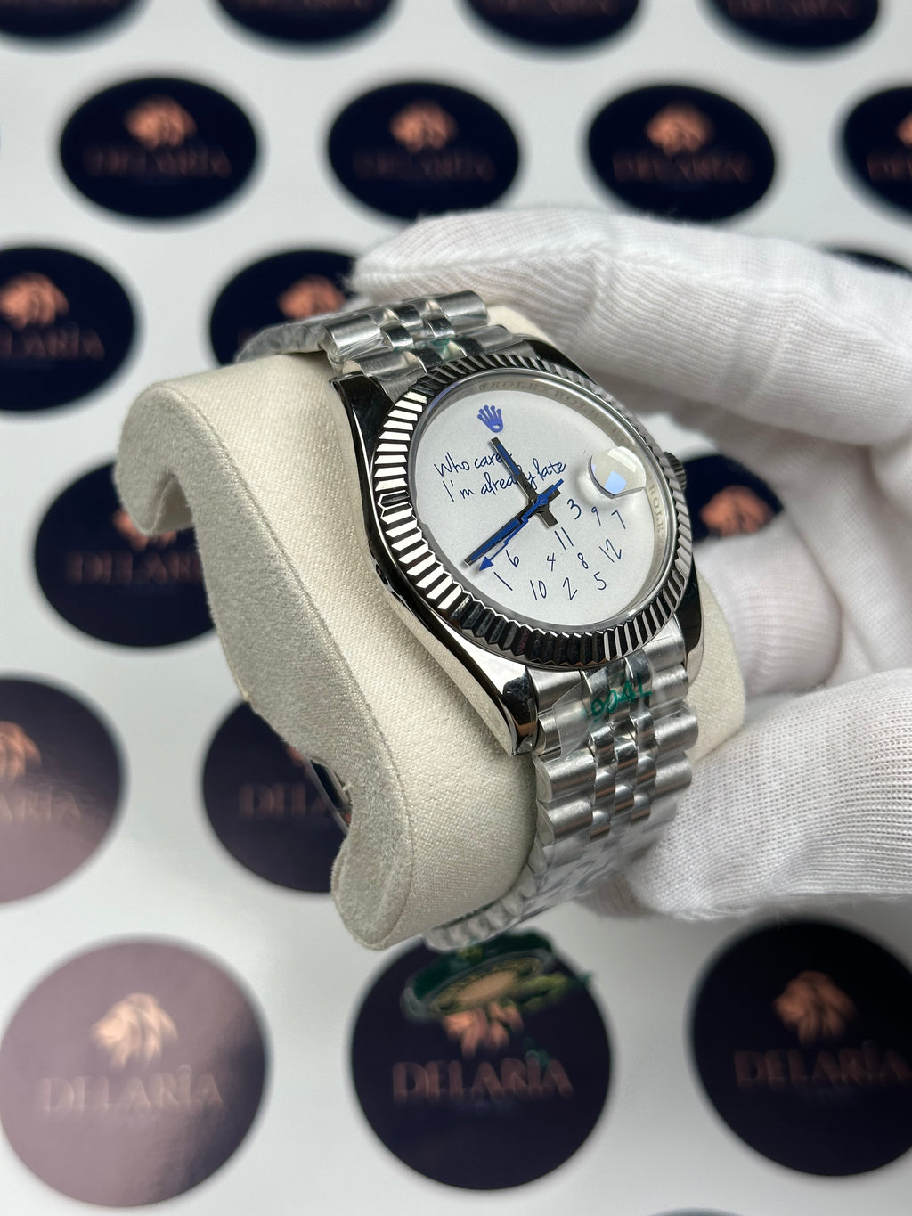 ROLEX DATEJUST 41 MM WHITE DIAL BLUE WHO CARES I'M ALREADY LATE SILVER JUBILE