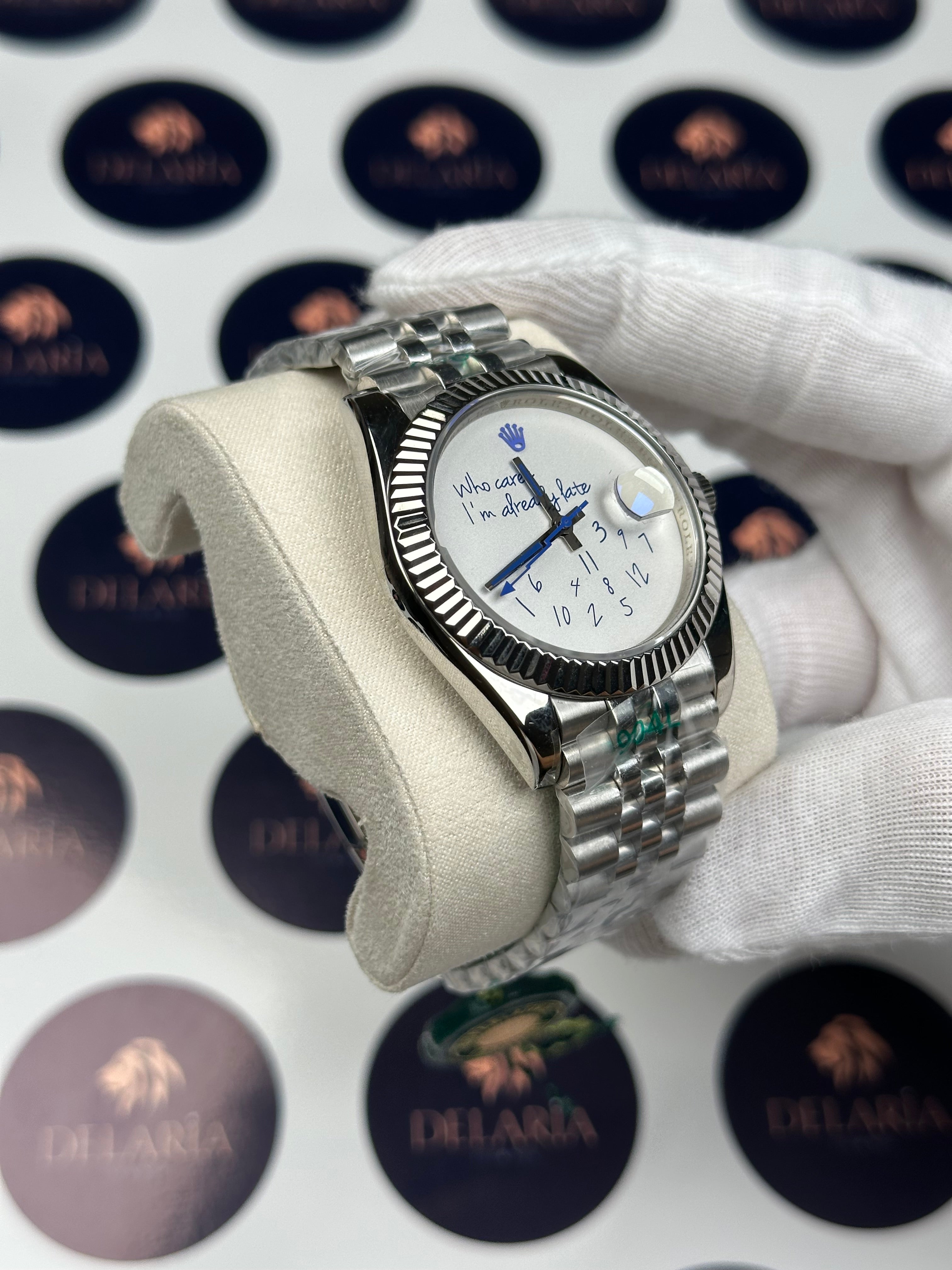 ROLEX DATEJUST 41 MM WHITE DIAL BLUE WHO CARES I'M ALREADY LATE SILVER JUBILE