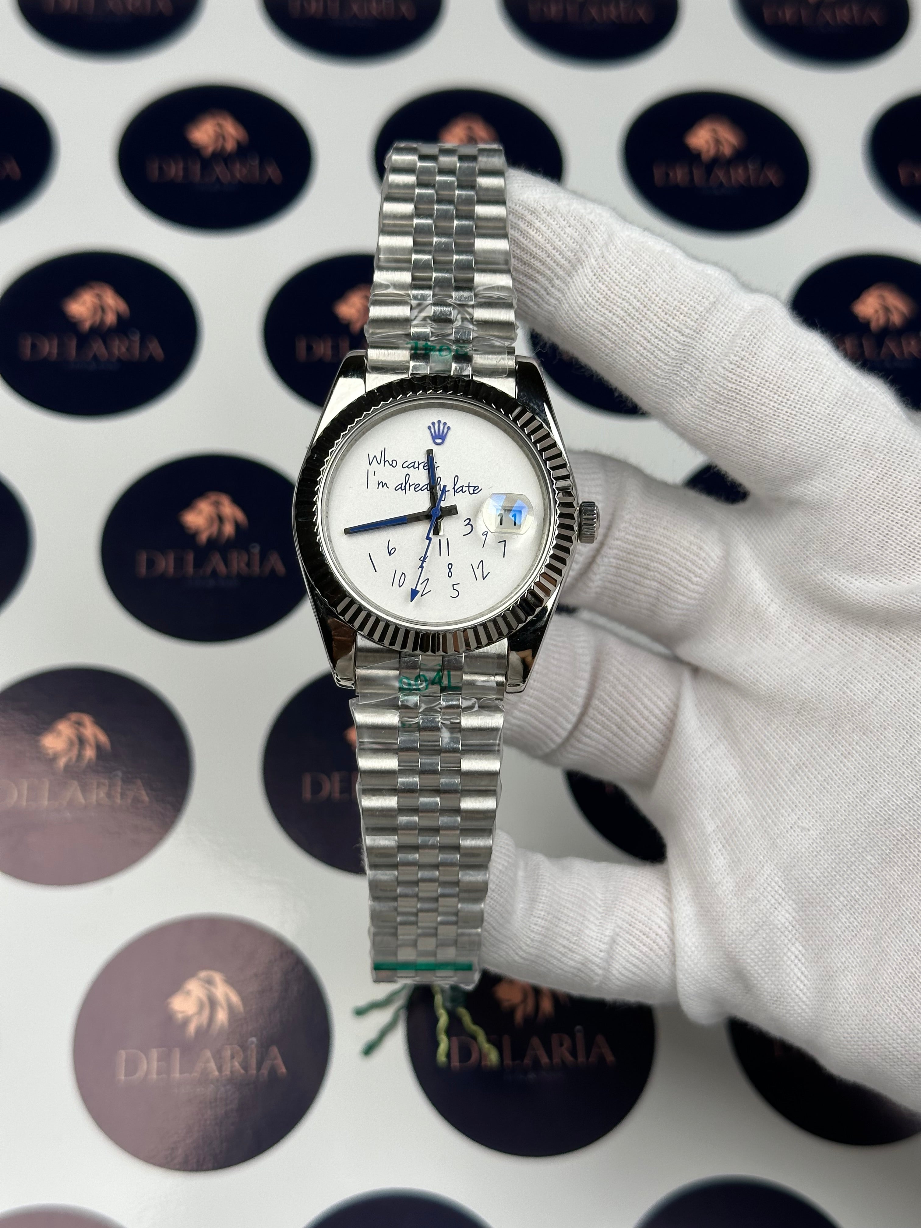 ROLEX DATEJUST 41 MM WHITE DIAL BLUE WHO CARES I'M ALREADY LATE SILVER JUBILE