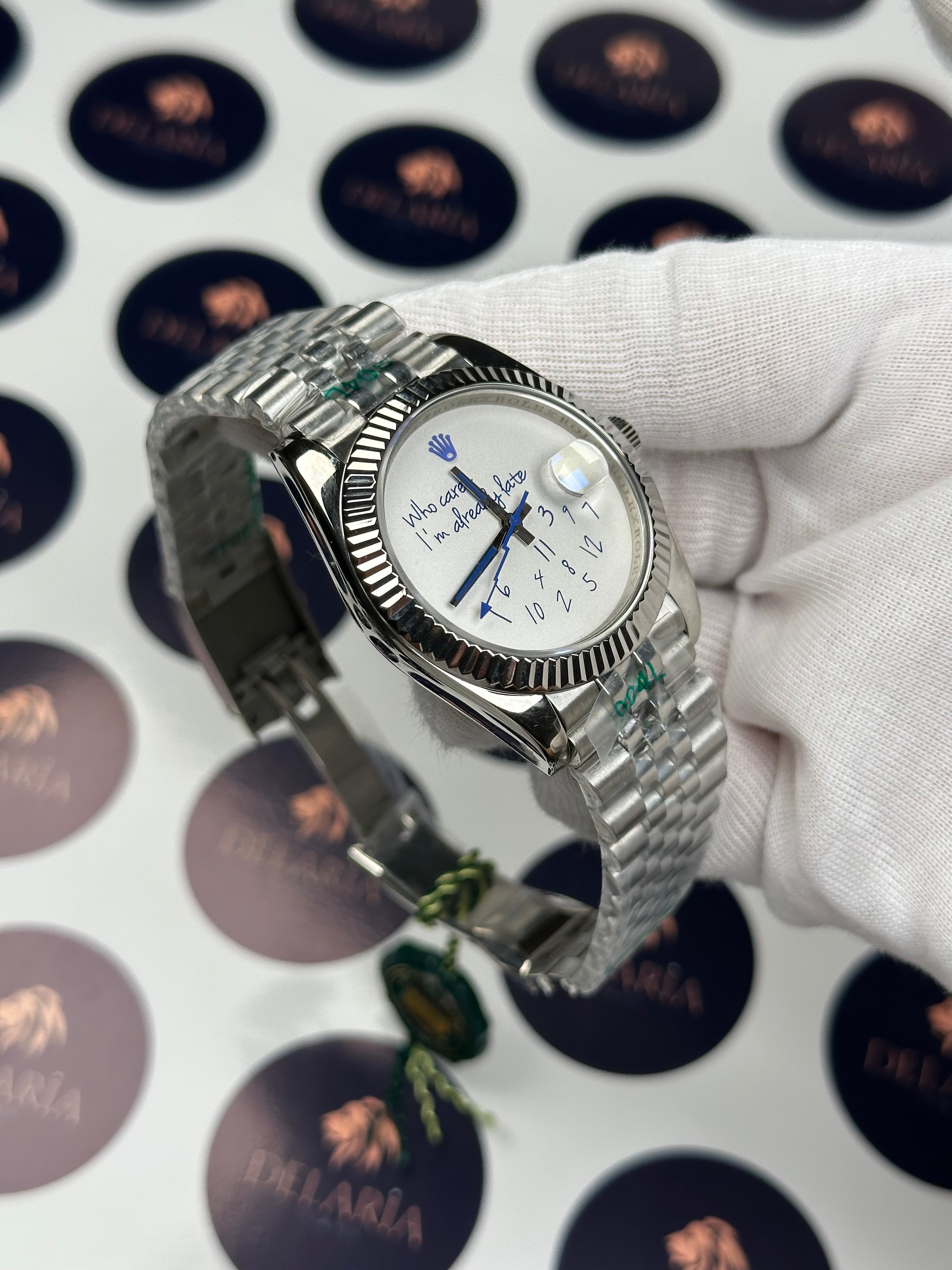 ROLEX DATEJUST 41 MM WHITE DIAL BLUE WHO CARES I'M ALREADY LATE SILVER JUBILE