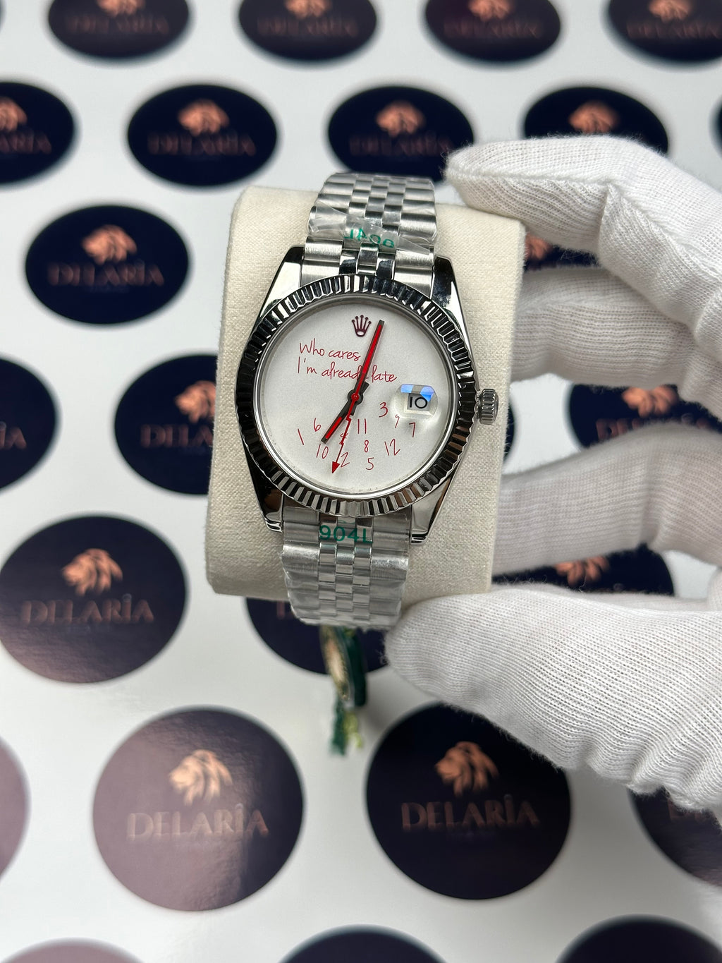 ROLEX DATEJUST 41 MM RED WHO CARES I'M ALREADY LATE SILVER JUBILE