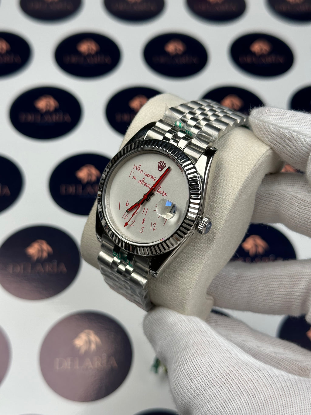 ROLEX DATEJUST 41 MM RED WHO CARES I'M ALREADY LATE SILVER JUBILE