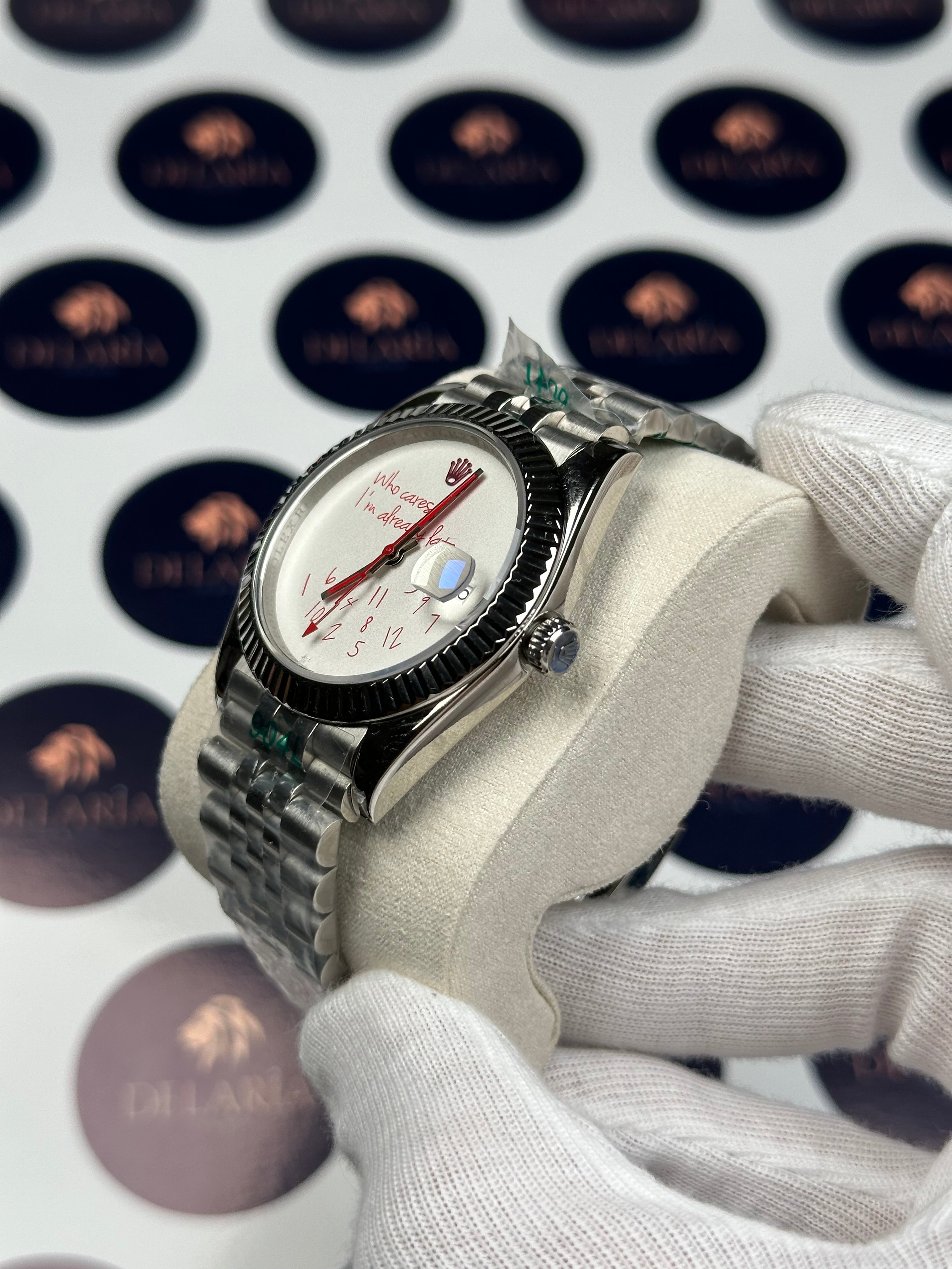 ROLEX DATEJUST 41 MM RED WHO CARES I'M ALREADY LATE SILVER JUBILE