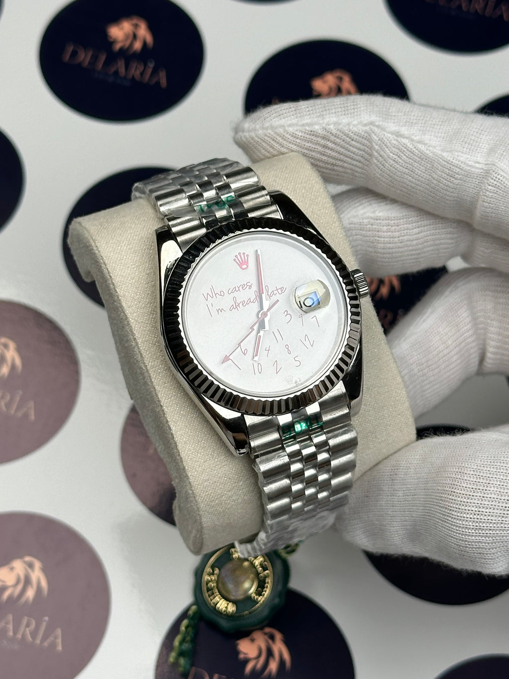 ROLEX DATEJUST 41 MM RED WHO CARES I'M ALREADY LATE SILVER JUBILE