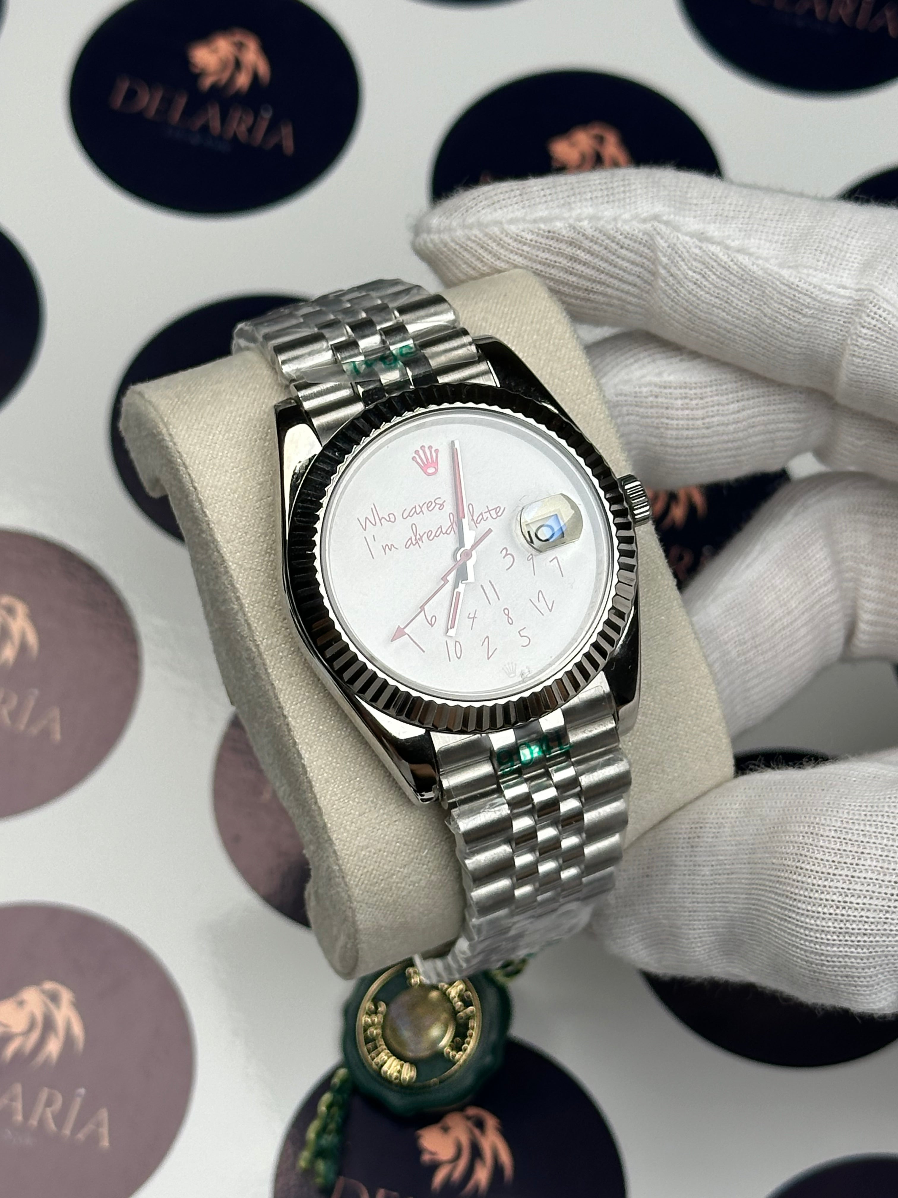 ROLEX DATEJUST 41 MM RED WHO CARES I'M ALREADY LATE SILVER JUBILE