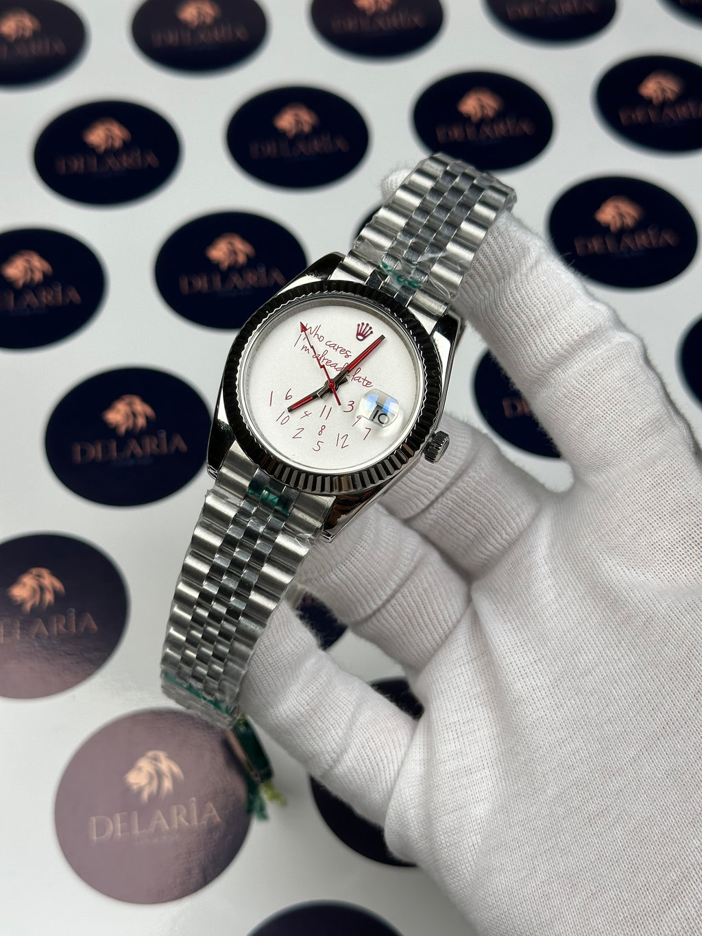 ROLEX DATEJUST 41 MM RED WHO CARES I'M ALREADY LATE SILVER JUBILE