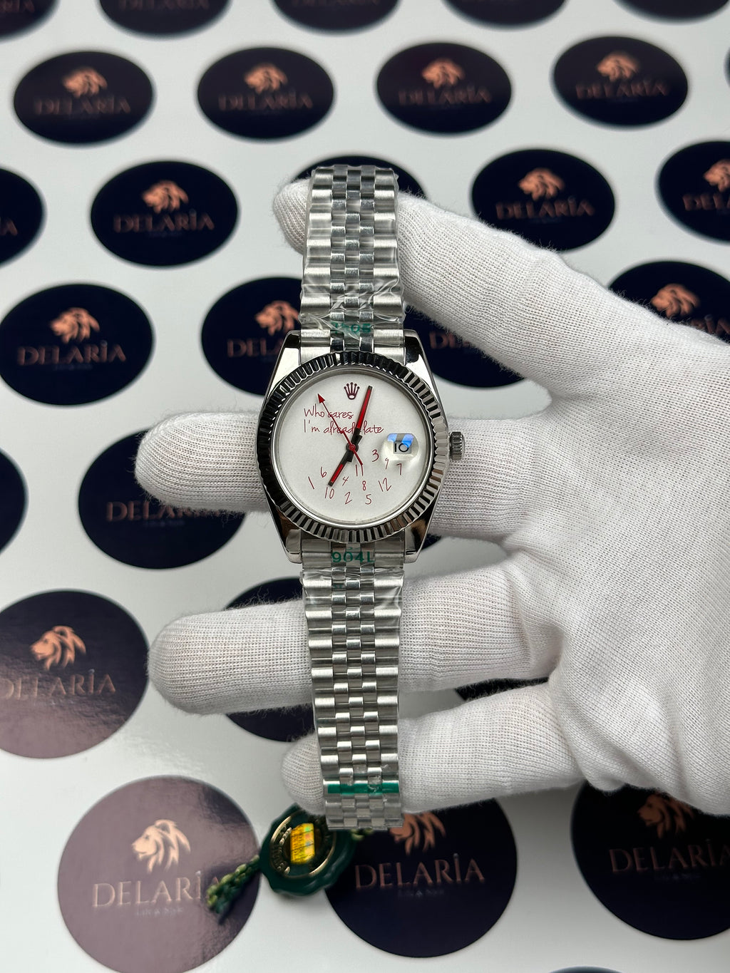 ROLEX DATEJUST 41 MM RED WHO CARES I'M ALREADY LATE SILVER JUBILE