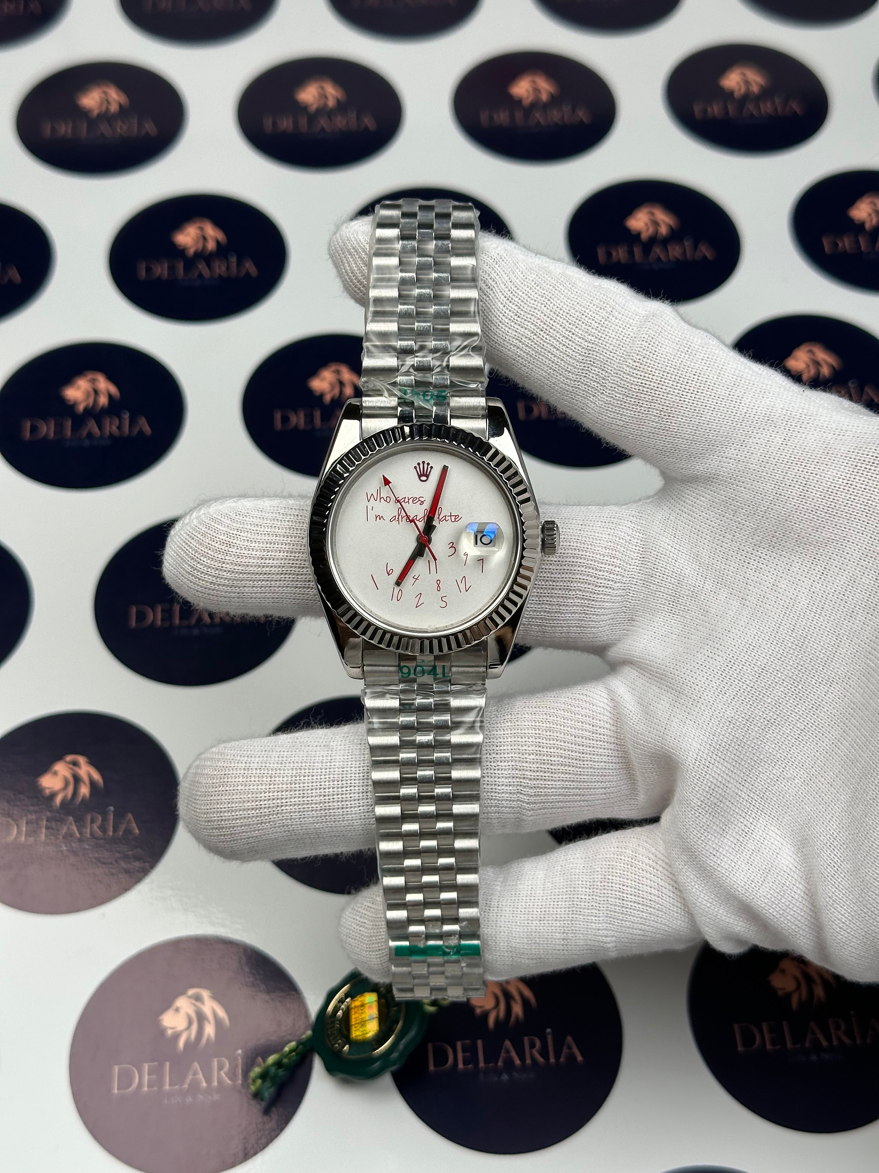 ROLEX DATEJUST 41 MM RED WHO CARES I'M ALREADY LATE SILVER JUBILE