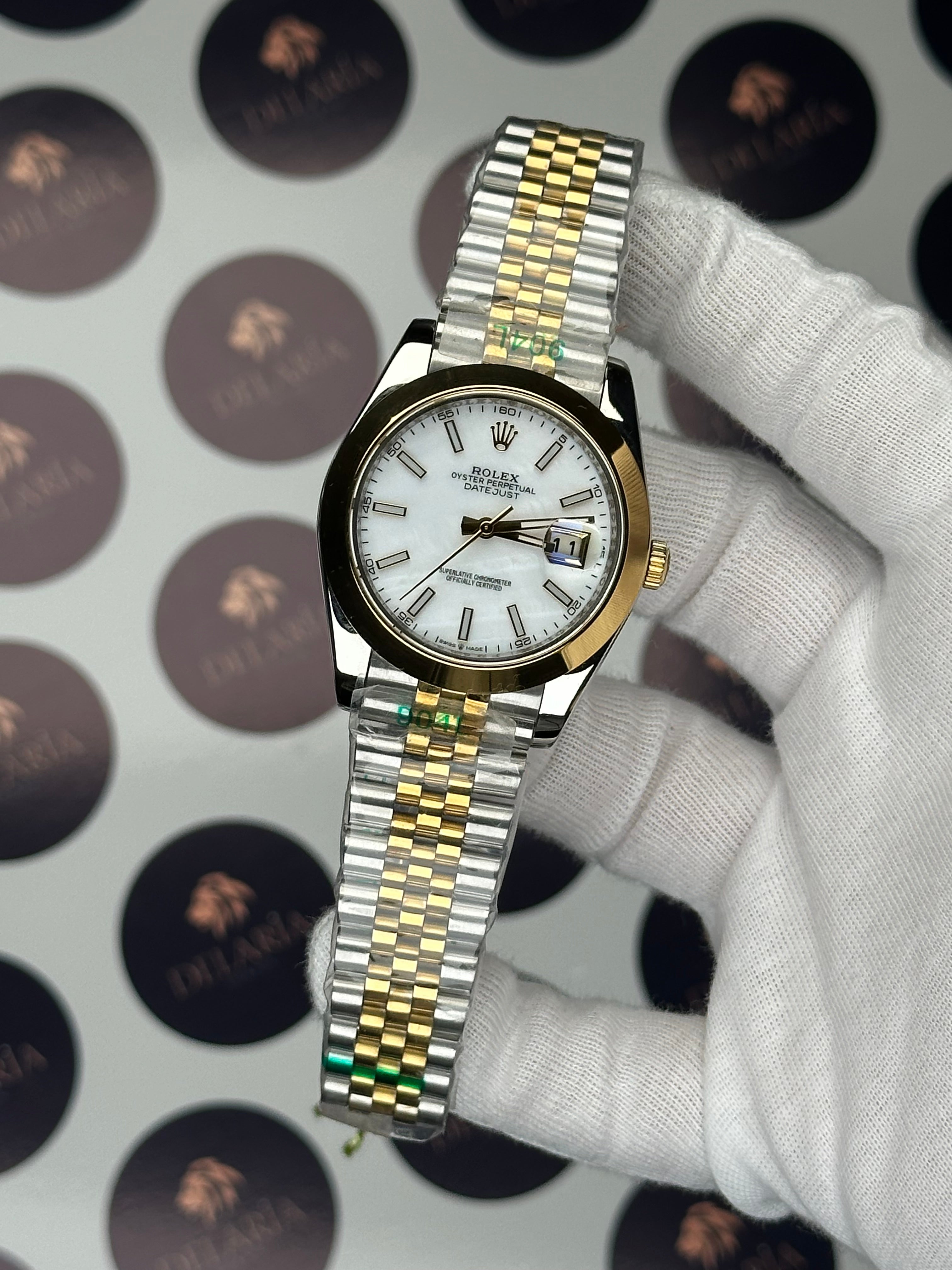 ROLEX DATEJUST 41 MM PEARL WHITE DIAL GOLD-SILVER JUBILE