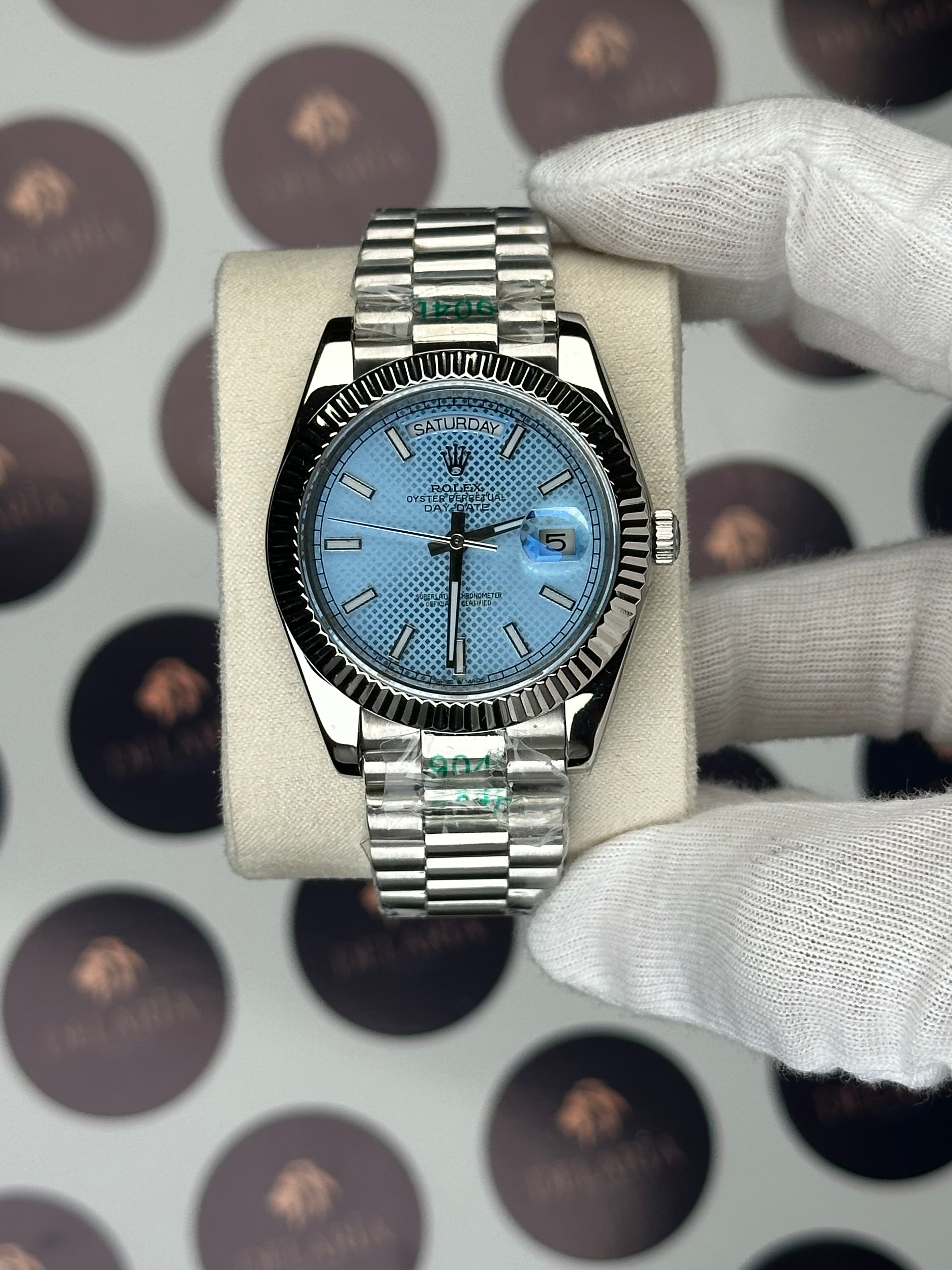 ROLEX DAY-DATE 40 MM MOSAIC ICE BLUE DIAL SILVER PRESIDENT