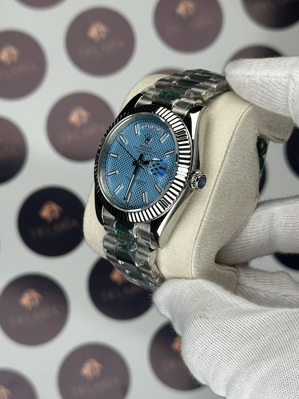 ROLEX DAY-DATE 40 MM MOSAIC ICE BLUE DIAL SILVER PRESIDENT