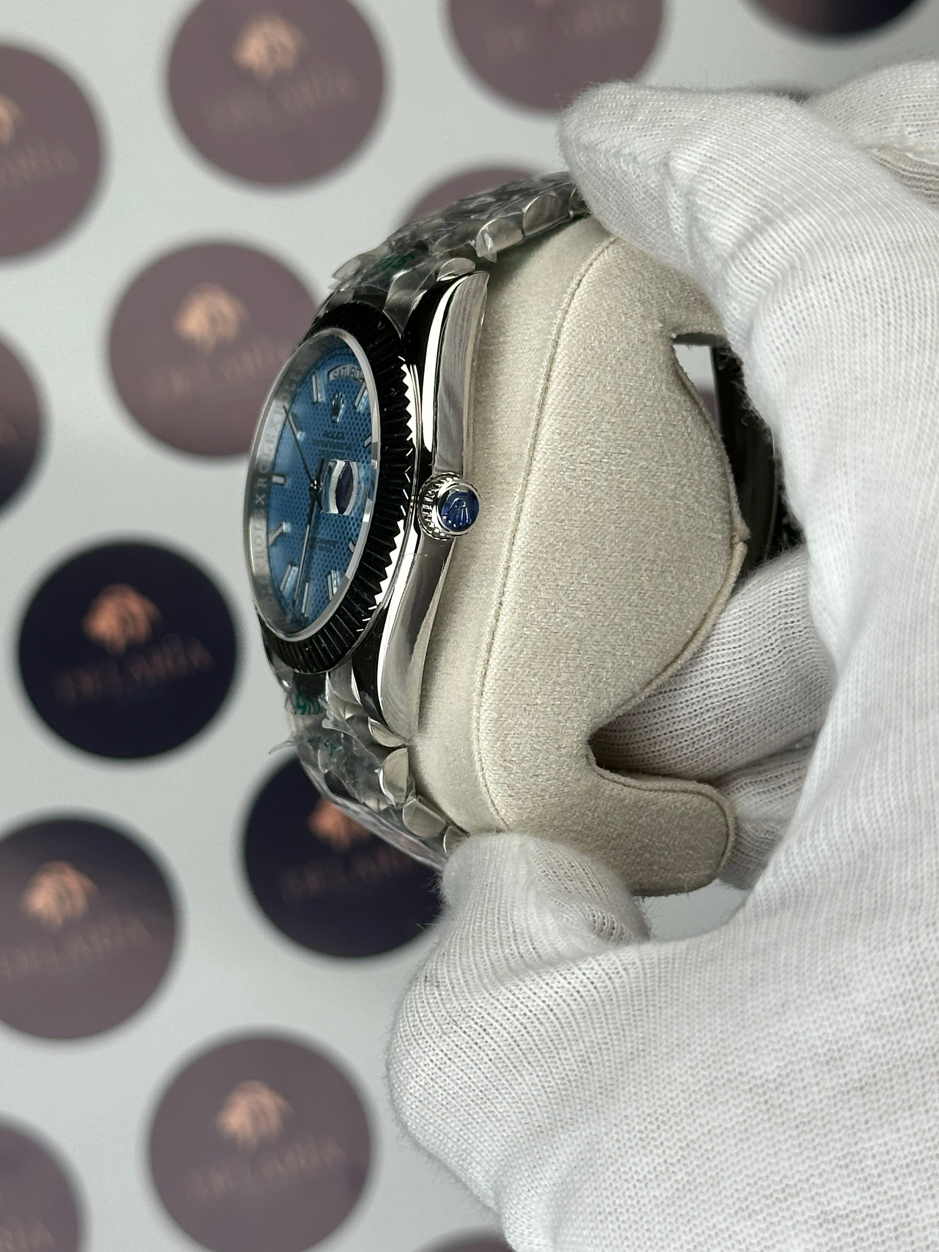 ROLEX DAY-DATE 40 MM MOSAIC ICE BLUE DIAL SILVER PRESIDENT