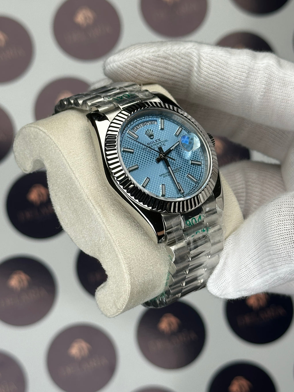 ROLEX DAY-DATE 40 MM MOSAIC ICE BLUE DIAL SILVER PRESIDENT