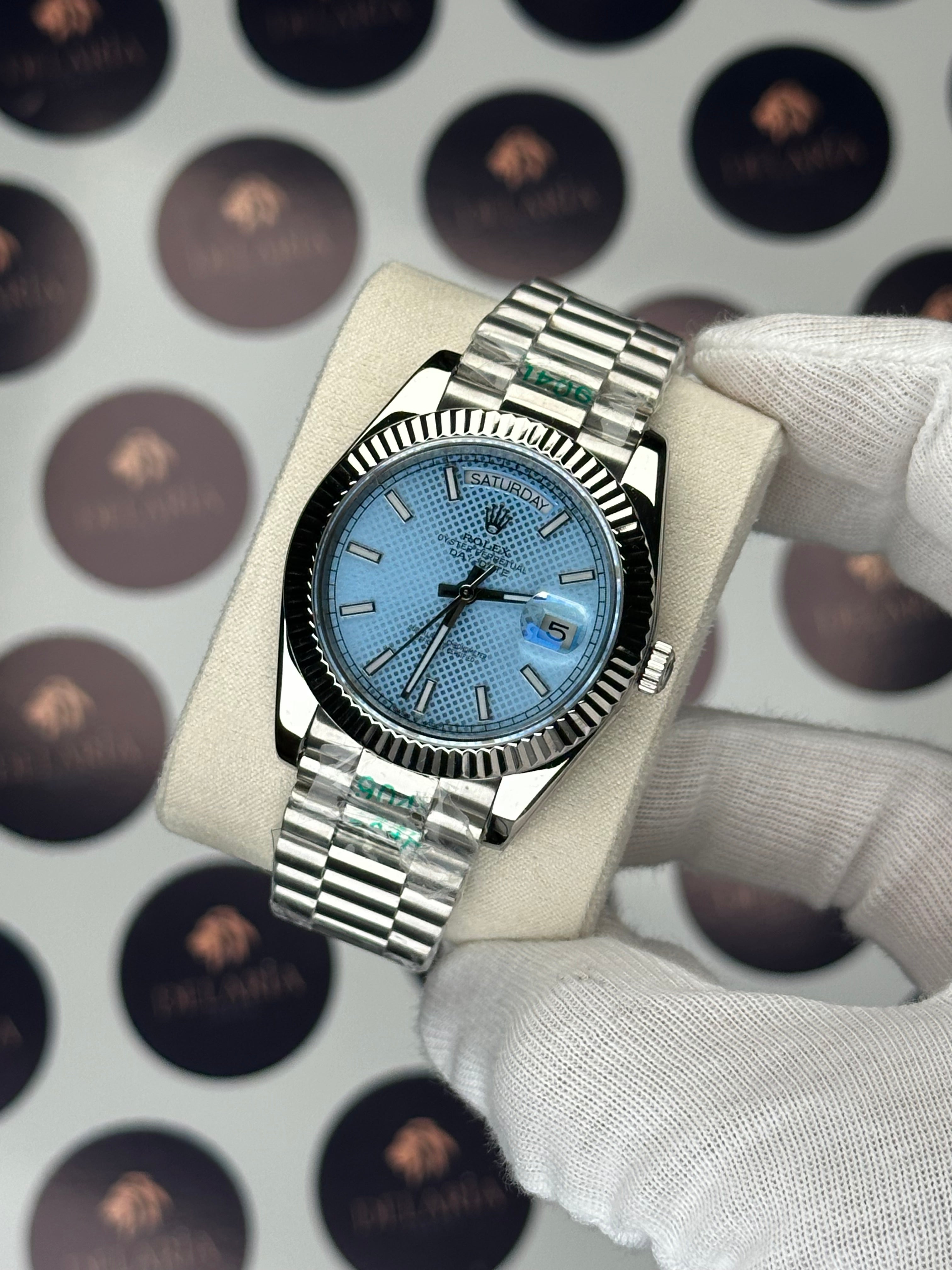 ROLEX DAY-DATE 40 MM MOSAIC ICE BLUE DIAL SILVER PRESIDENT