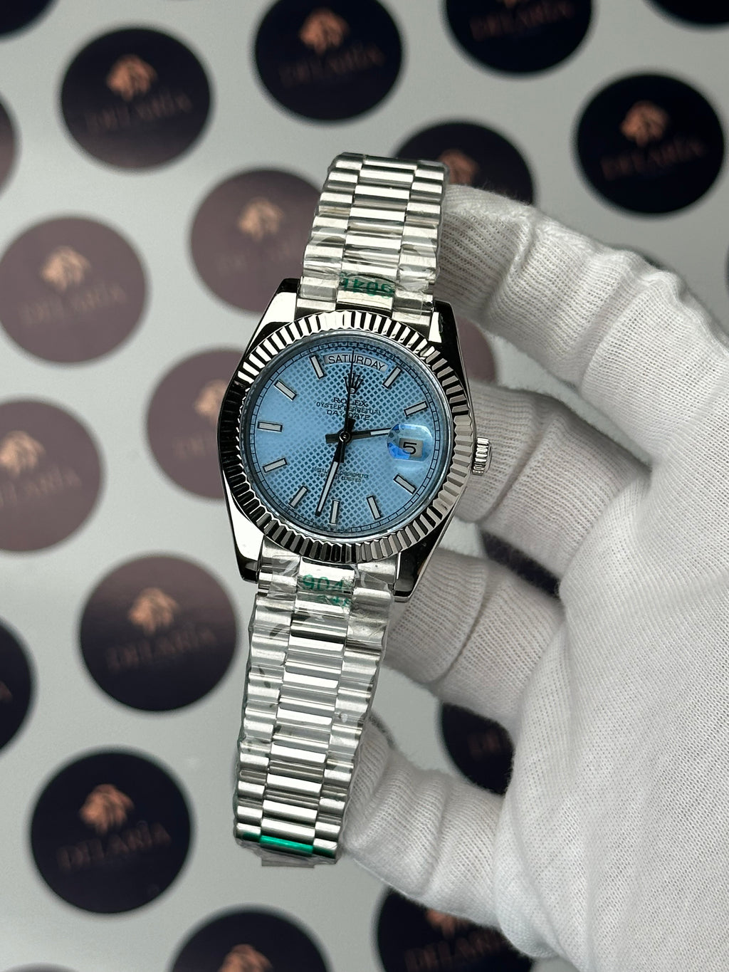 ROLEX DAY-DATE 40 MM MOSAIC ICE BLUE DIAL SILVER PRESIDENT