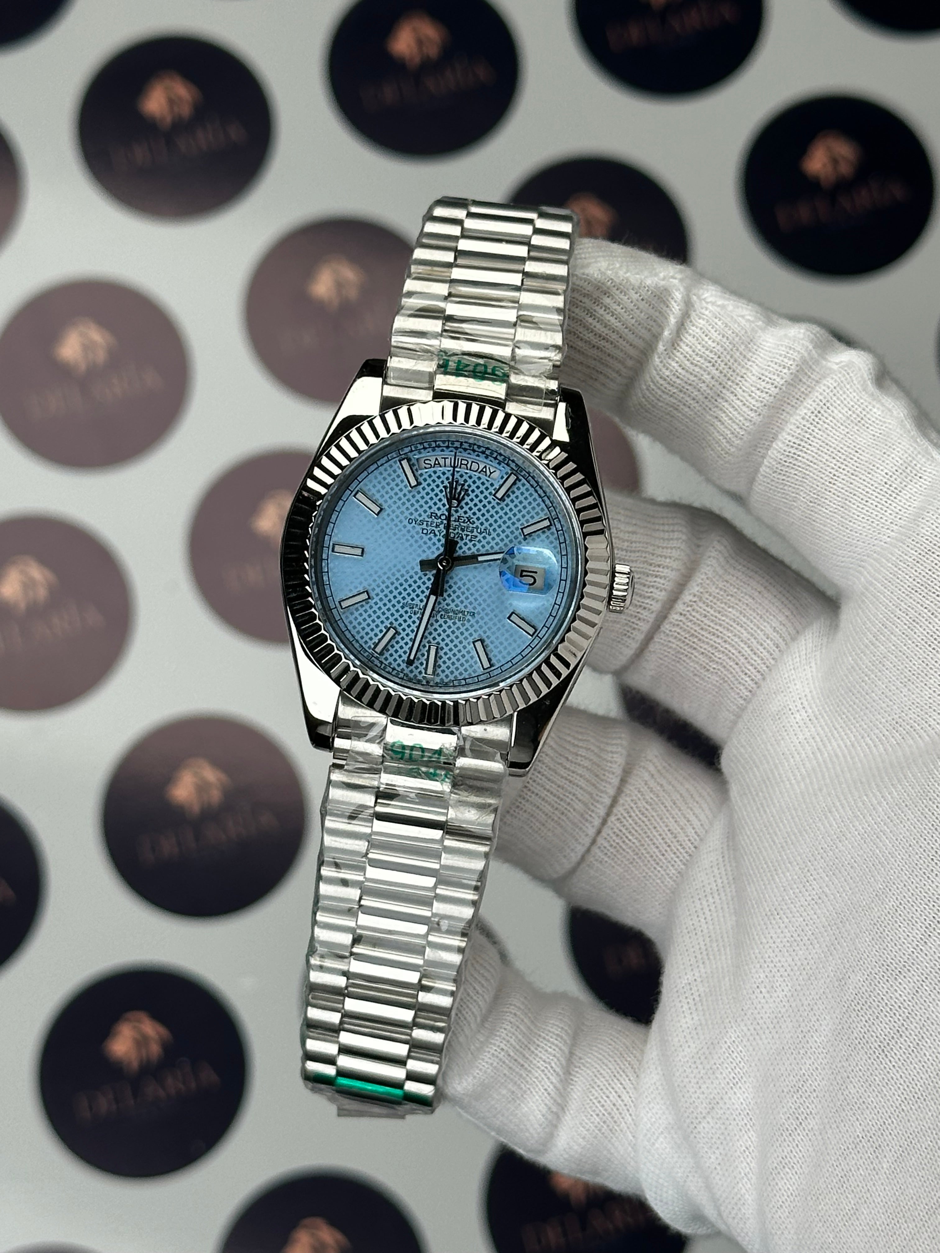 ROLEX DAY-DATE 40 MM MOSAIC ICE BLUE DIAL SILVER PRESIDENT