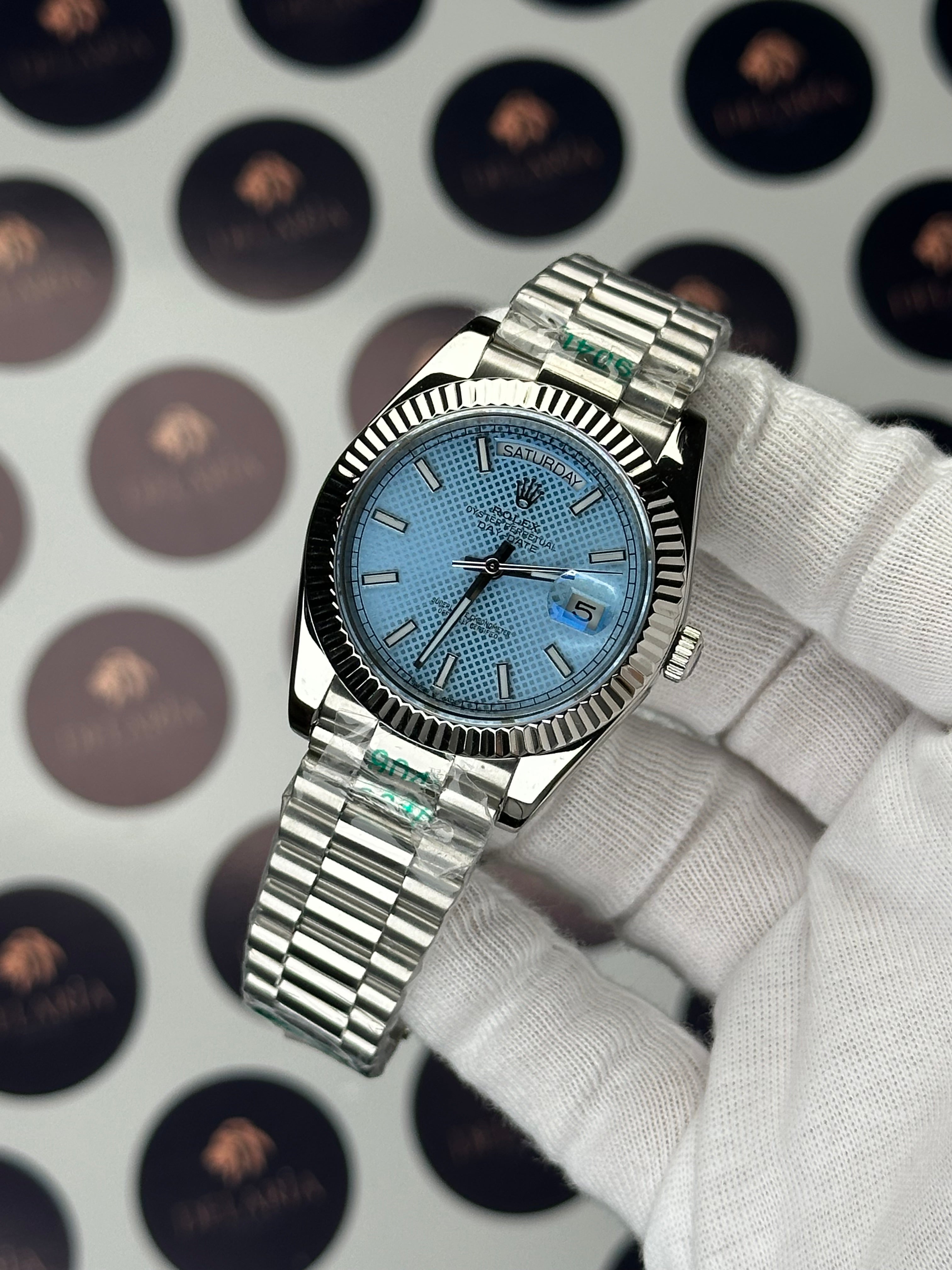 ROLEX DAY-DATE 40 MM MOSAIC ICE BLUE DIAL SILVER PRESIDENT